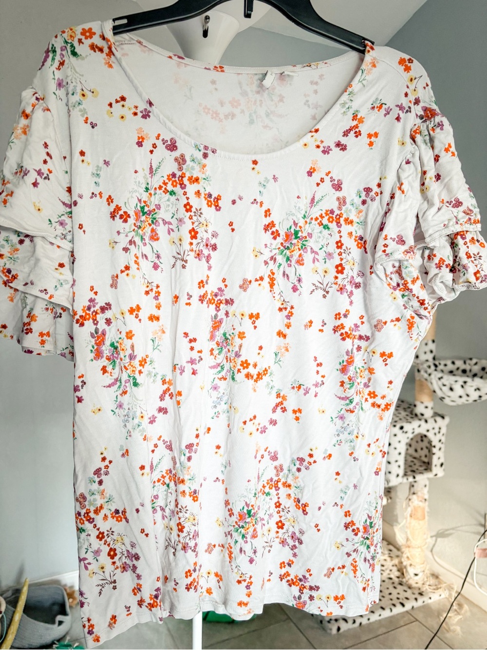 Cato White Short Sleeve Floral Ruffle Top